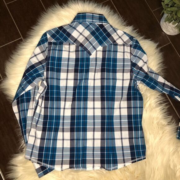 Patrona USA turquoise/navy plaid pearl snap sz LG - Picture 3 of 5